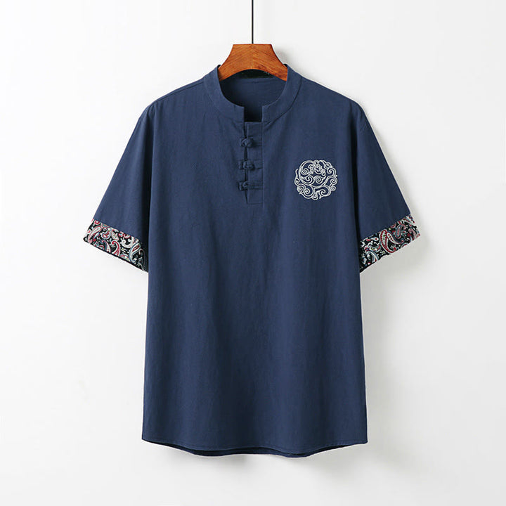 Buddha Stones Camicia da uomo in cotone e lino a maniche corte con ricamo di nuvole di buon auspicio con bottoni a rana estivi - SteelBlue - US/UK/AU54, EU64 (9XL) - image 11