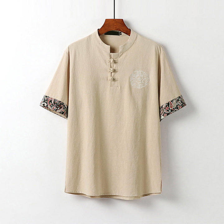 Buddha Stones Camicia da uomo in cotone e lino a maniche corte con ricamo di nuvole di buon auspicio con bottoni a rana estivi - Biscotto - US/UK/AU54, EU64 (9XL) - image 12