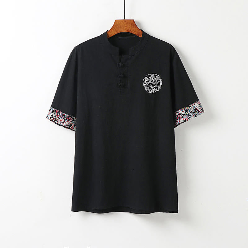 Buddha Stones Camicia da uomo in cotone e lino a maniche corte con ricamo di nuvole di buon auspicio con bottoni a rana estivi - Nero - US/UK/AU54, EU64 (9XL) - image 10