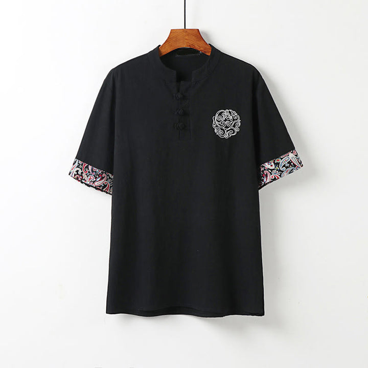 Buddha Stones Camicia da uomo in cotone e lino a maniche corte con ricamo di nuvole di buon auspicio con bottoni a rana estivi - Nero - US/UK/AU54, EU64 (9XL) - image 10
