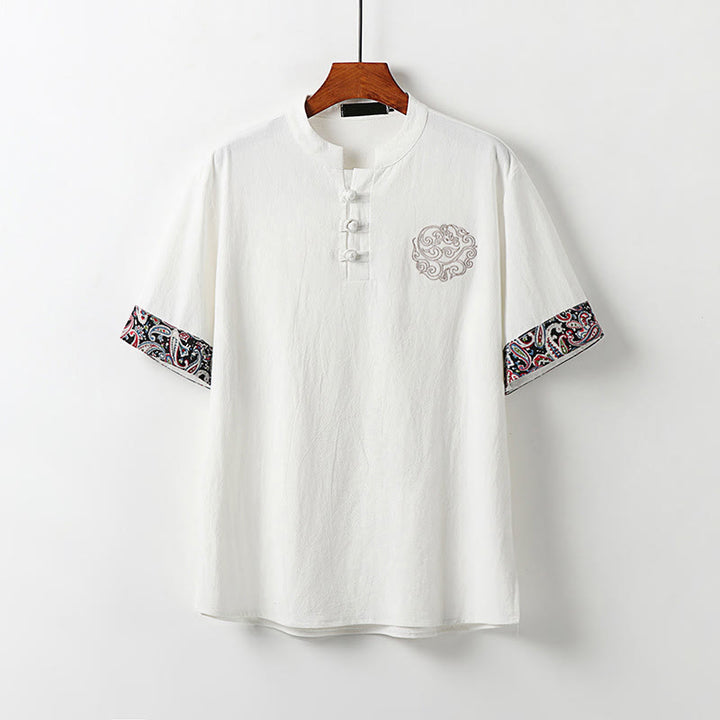 Buddha Stones Camicia da uomo in cotone e lino a maniche corte con ricamo di nuvole di buon auspicio con bottoni a rana estivi - Bianco - US/UK/AU54, EU64 (9XL) - image 0