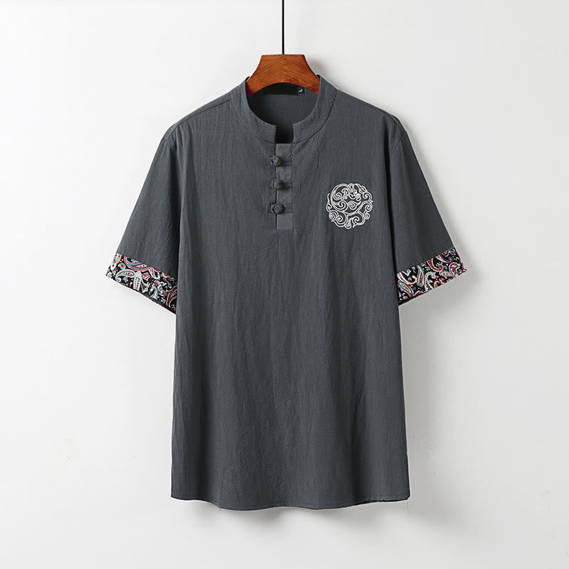 Buddha Stones Camicia da uomo in cotone e lino a maniche corte con ricamo di nuvole di buon auspicio con bottoni a rana estivi - Grigio - US/UK/AU54, EU64 (9XL) - image 9