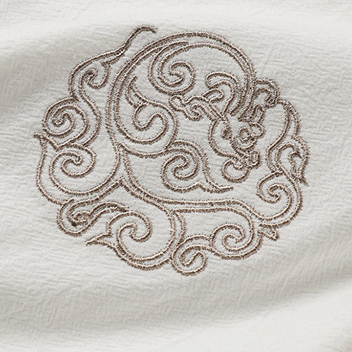 Buddha Stones Camicia da uomo in cotone e lino a maniche corte con ricamo di nuvole di buon auspicio con bottoni a rana estivi - image 4