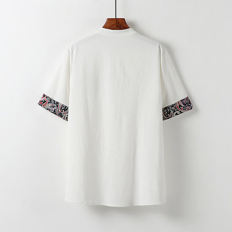 Buddha Stones Camicia da uomo in cotone e lino a maniche corte con ricamo di nuvole di buon auspicio con bottoni a rana estivi - image 1