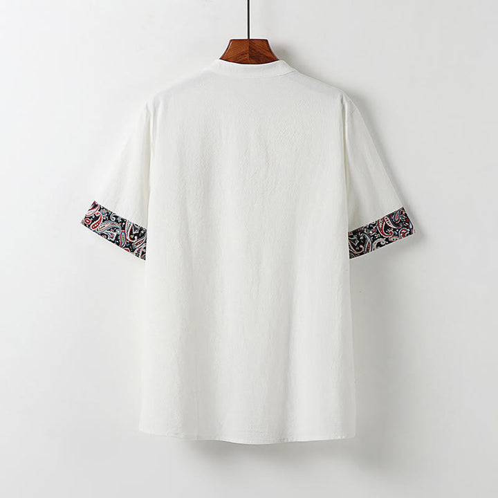 Buddha Stones Camicia da uomo in cotone e lino a maniche corte con ricamo di nuvole di buon auspicio con bottoni a rana estivi - image 1