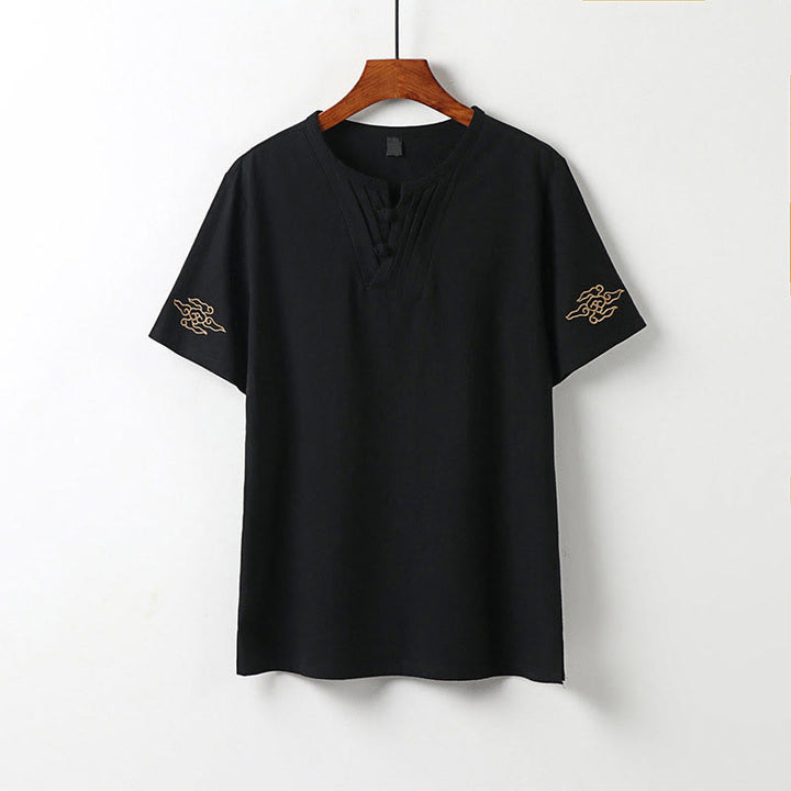 Buddha Stones Camicia da uomo estiva in cotone e lino con scollo a V, bottoni a rana, maniche corte, ricamo nuvole - Nero - US/UK/AU54, EU64 (9XL) - image 11