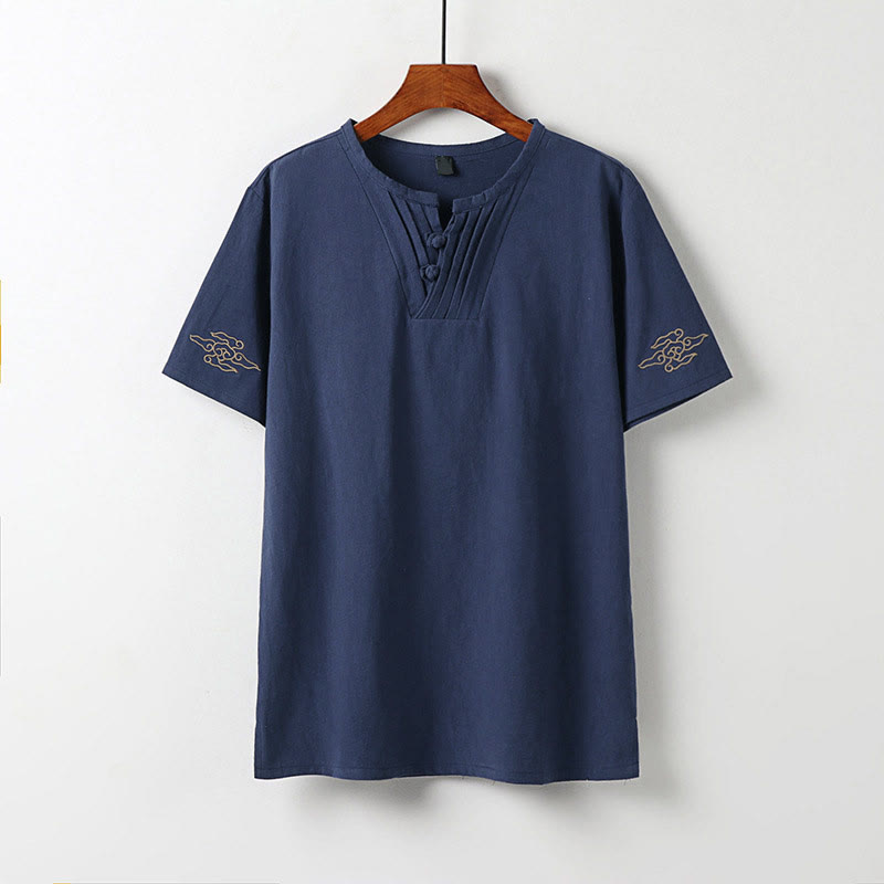 Buddha Stones Camicia da uomo estiva in cotone e lino con scollo a V, bottoni a rana, maniche corte, ricamo nuvole - SteelBlue - US/UK/AU54, EU64 (9XL) - image 0