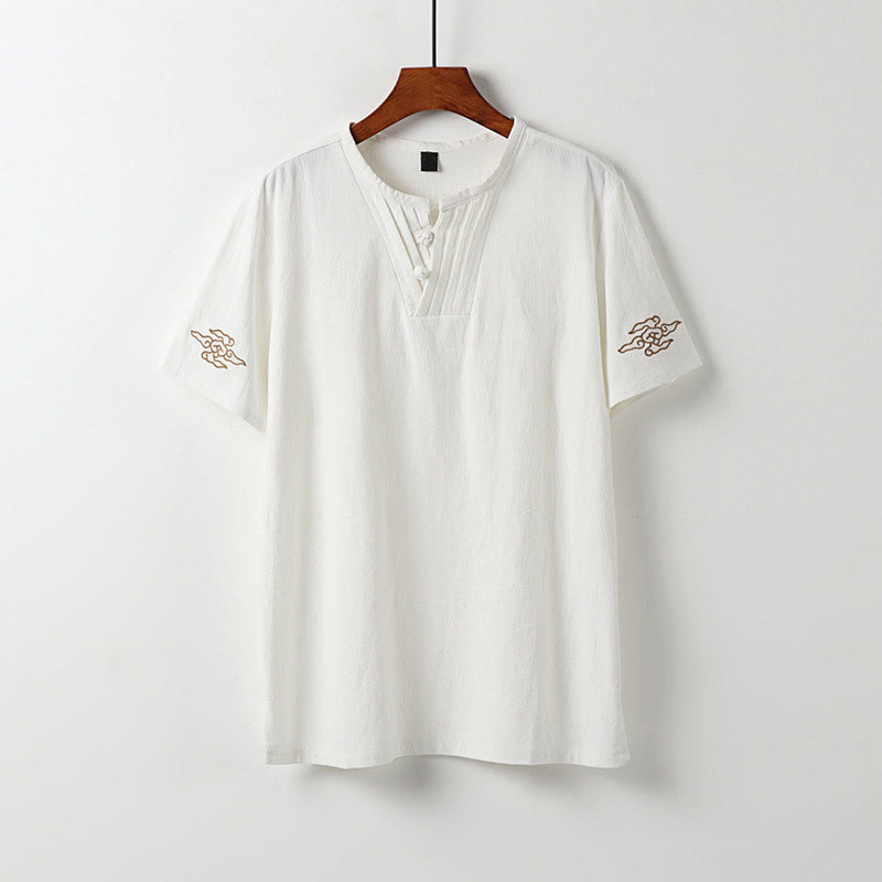 Buddha Stones Camicia da uomo estiva in cotone e lino con scollo a V, bottoni a rana, maniche corte, ricamo nuvole - Bianco - US/UK/AU54, EU64 (9XL) - image 1