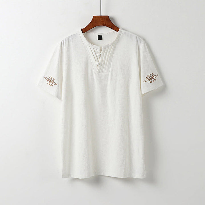 Buddha Stones Camicia da uomo estiva in cotone e lino con scollo a V, bottoni a rana, maniche corte, ricamo nuvole - Bianco - US/UK/AU54, EU64 (9XL) - image 1