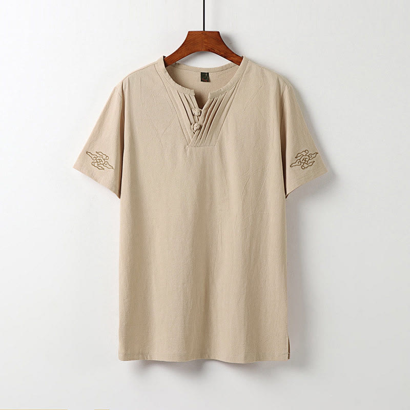 Buddha Stones Camicia da uomo estiva in cotone e lino con scollo a V, bottoni a rana, maniche corte, ricamo nuvole - Biscotto - US/UK/AU54, EU64 (9XL) - image 12