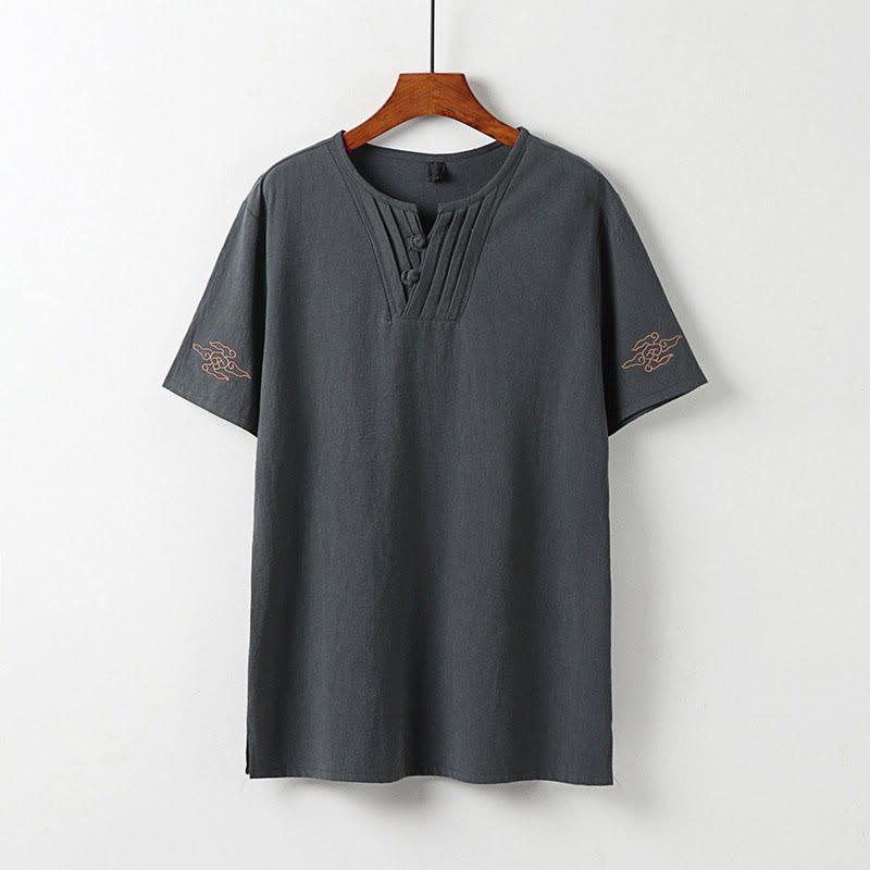 Buddha Stones Camicia da uomo estiva in cotone e lino con scollo a V, bottoni a rana, maniche corte, ricamo nuvole - Grigio - US/UK/AU54, EU64 (9XL) - image 2
