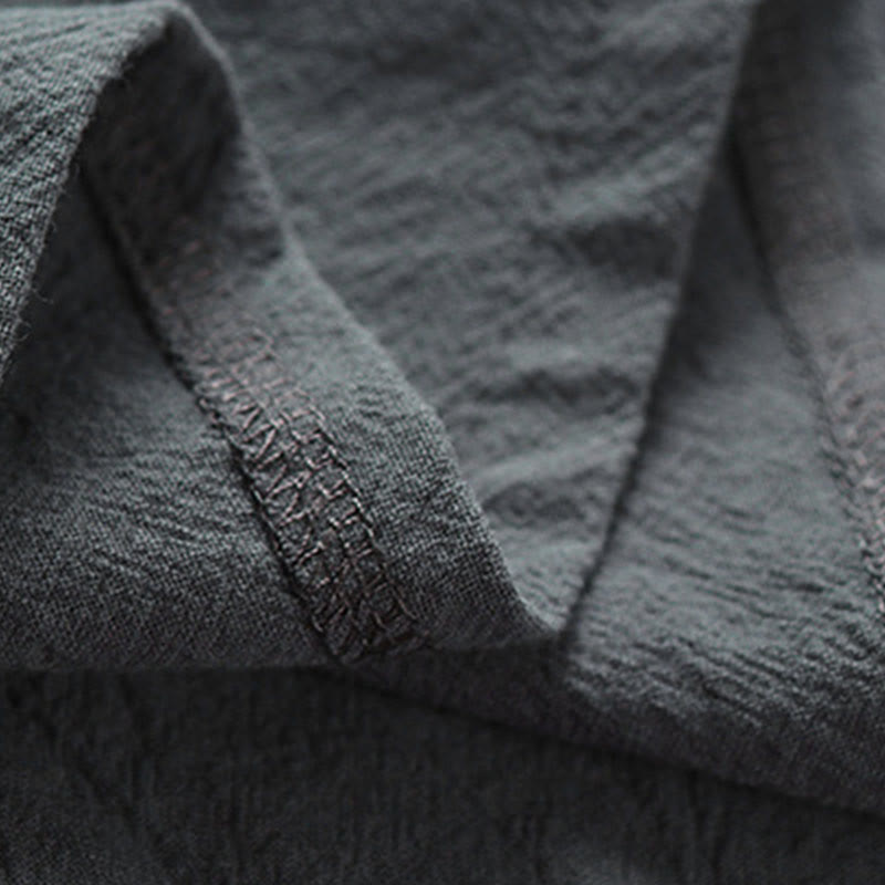 Buddha Stones Camicia da uomo estiva in cotone e lino con scollo a V, bottoni a rana, maniche corte, ricamo nuvole - image 9