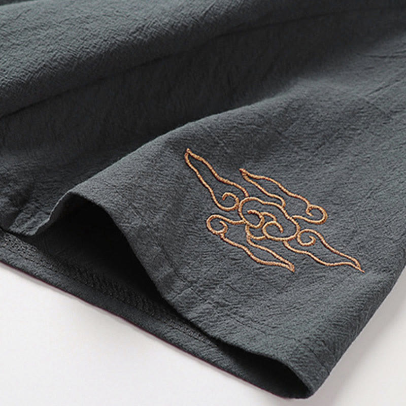 Buddha Stones Camicia da uomo estiva in cotone e lino con scollo a V, bottoni a rana, maniche corte, ricamo nuvole - image 6