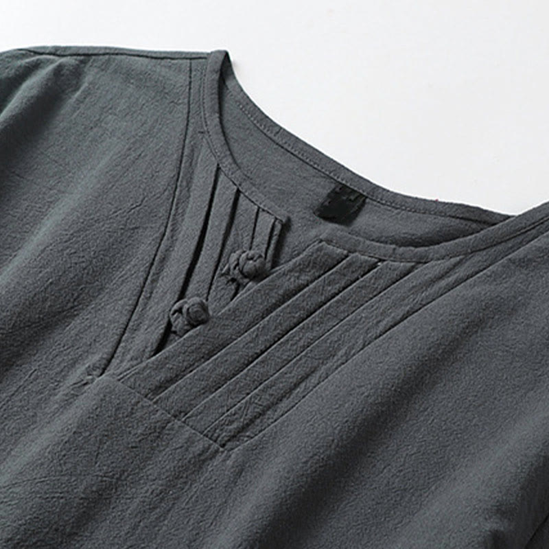 Buddha Stones Camicia da uomo estiva in cotone e lino con scollo a V, bottoni a rana, maniche corte, ricamo nuvole - image 4