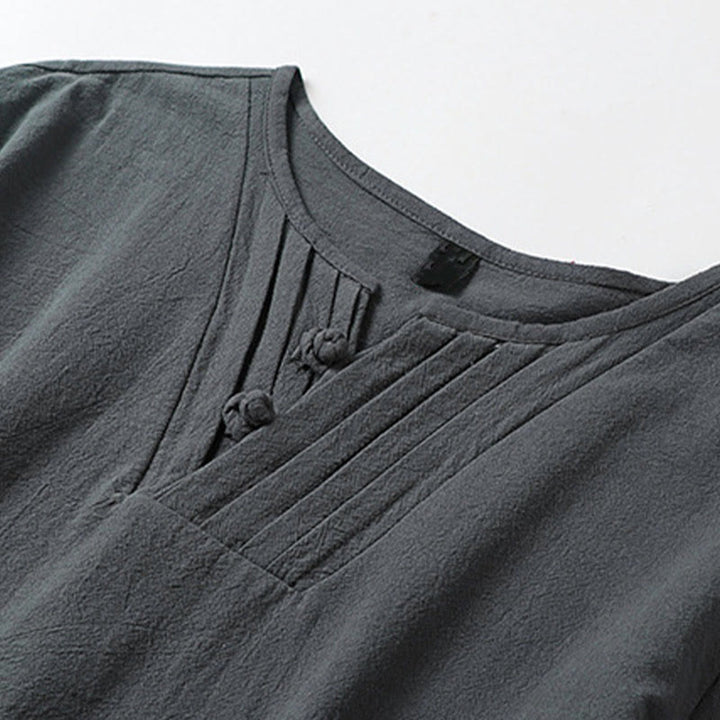 Buddha Stones Camicia da uomo estiva in cotone e lino con scollo a V, bottoni a rana, maniche corte, ricamo nuvole - image 4