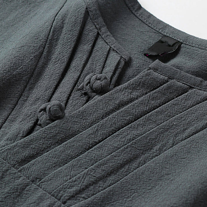 Buddha Stones Camicia da uomo estiva in cotone e lino con scollo a V, bottoni a rana, maniche corte, ricamo nuvole - image 5