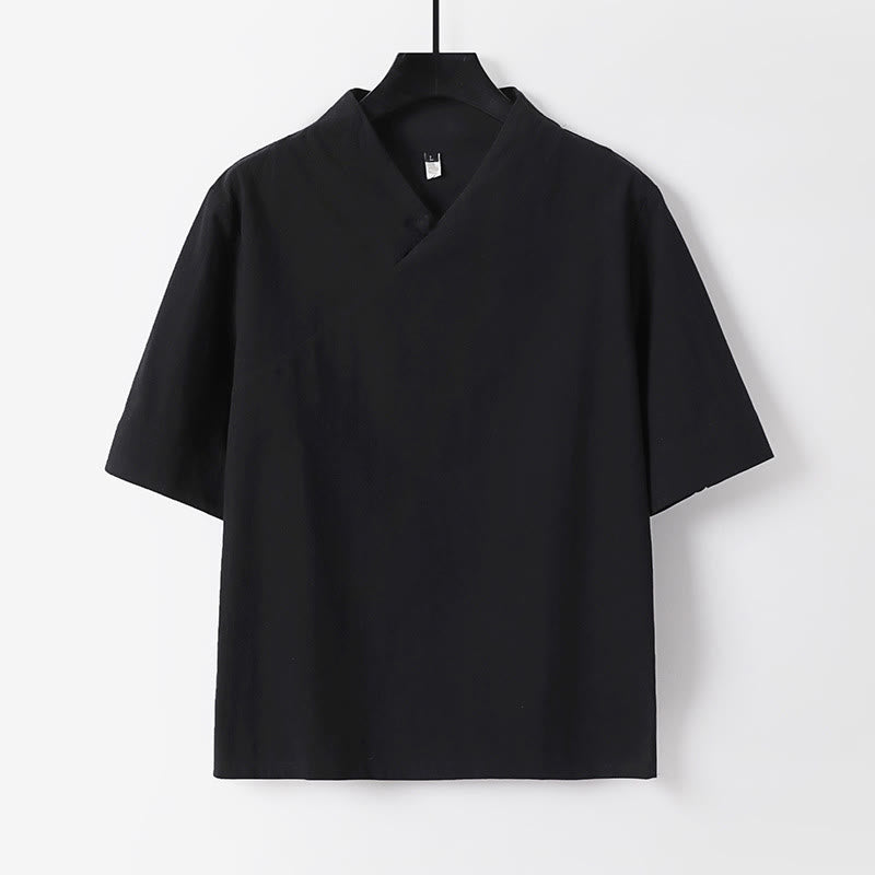 Buddha Stones Camicia da uomo estiva semplice in cotone e lino con scollo a V e maniche corte - Nero - US/UK/AU54, EU64 (9XL) - image 1