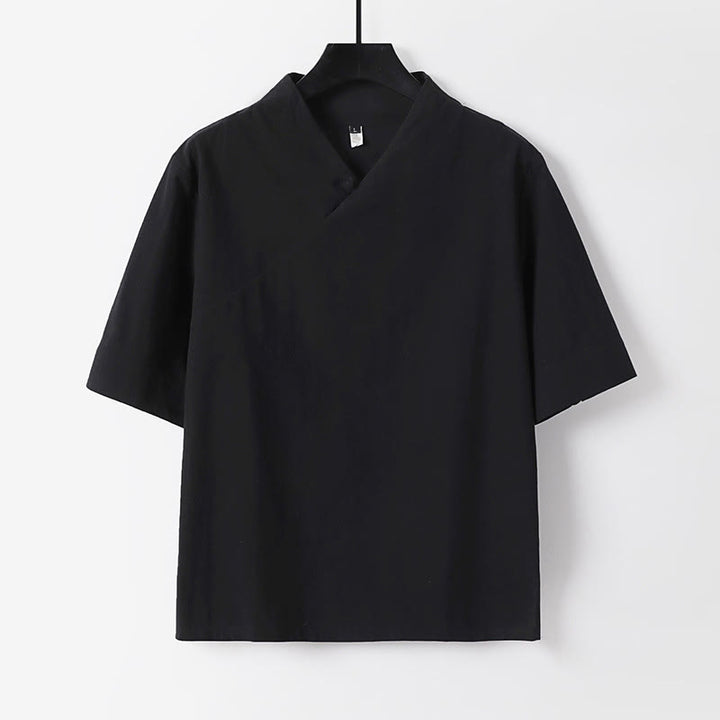 Buddha Stones Camicia da uomo estiva semplice in cotone e lino con scollo a V e maniche corte - Nero - US/UK/AU54, EU64 (9XL) - image 1