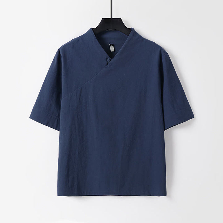 Buddha Stones Camicia da uomo estiva semplice in cotone e lino con scollo a V e maniche corte - SteelBlue - US/UK/AU54, EU64 (9XL) - image 2