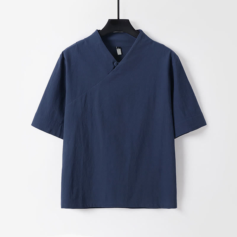 Buddha Stones Camicia da uomo estiva semplice in cotone e lino con scollo a V e maniche corte - SteelBlue - US/UK/AU54, EU64 (9XL) - image 2
