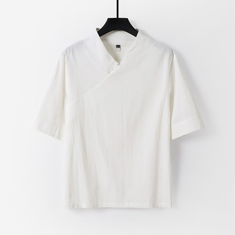 Buddha Stones Camicia da uomo estiva semplice in cotone e lino con scollo a V e maniche corte - Bianco - US/UK/AU54, EU64 (9XL) - image 11