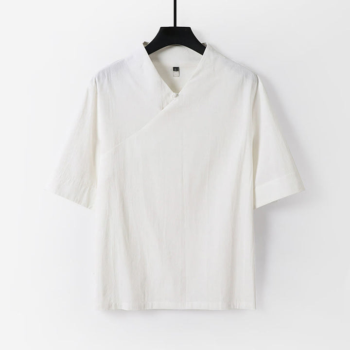 Buddha Stones Camicia da uomo estiva semplice in cotone e lino con scollo a V e maniche corte - Bianco - US/UK/AU54, EU64 (9XL) - image 11