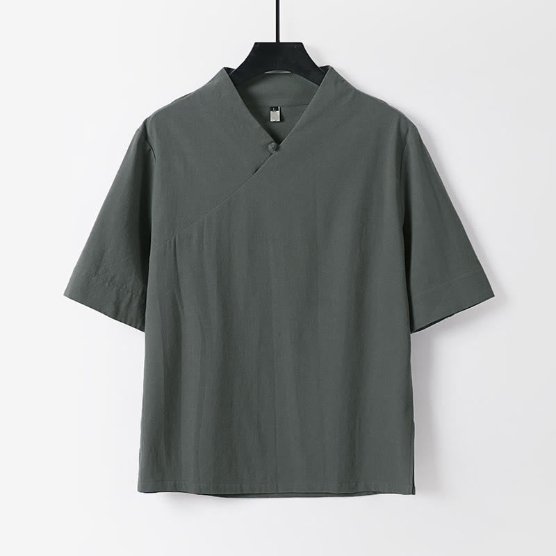 Buddha Stones Camicia da uomo estiva semplice in cotone e lino con scollo a V e maniche corte - Grigio - US/UK/AU54, EU64 (9XL) - image 0