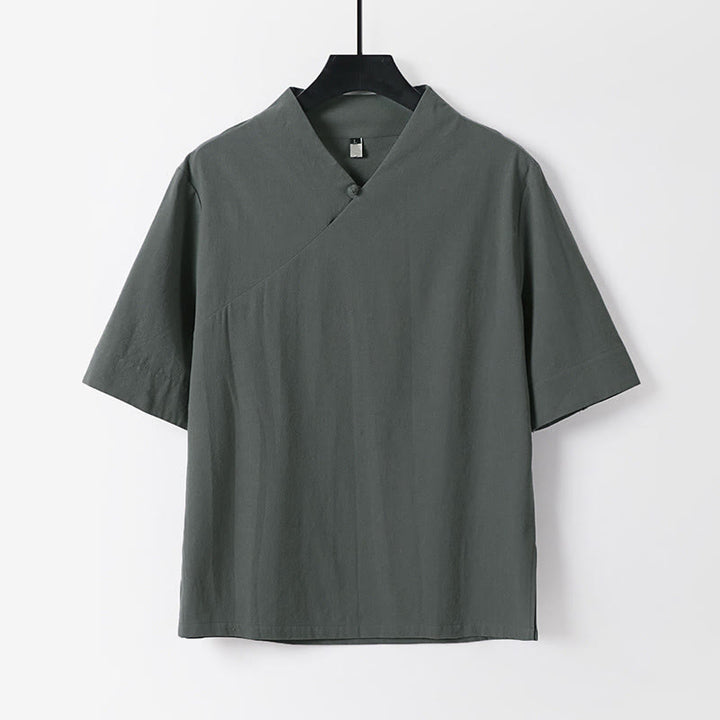 Buddha Stones Camicia da uomo estiva semplice in cotone e lino con scollo a V e maniche corte - Grigio - US/UK/AU54, EU64 (9XL) - image 0