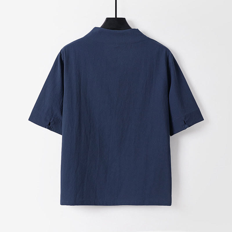 Buddha Stones Camicia da uomo estiva semplice in cotone e lino con scollo a V e maniche corte - image 3