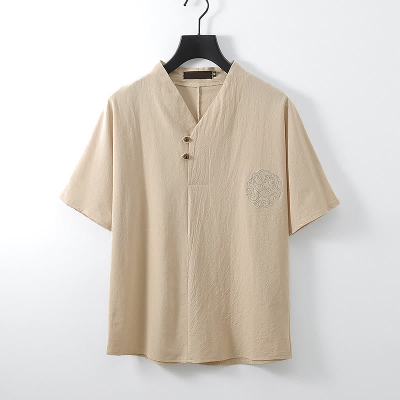 Buddha Stones Camicia da uomo estiva in cotone e lino con scollo a V, bottoni, maniche corte, ricamo nuvole - Biscotto - US/UK/AU56，EU66 (9XL) - image 0