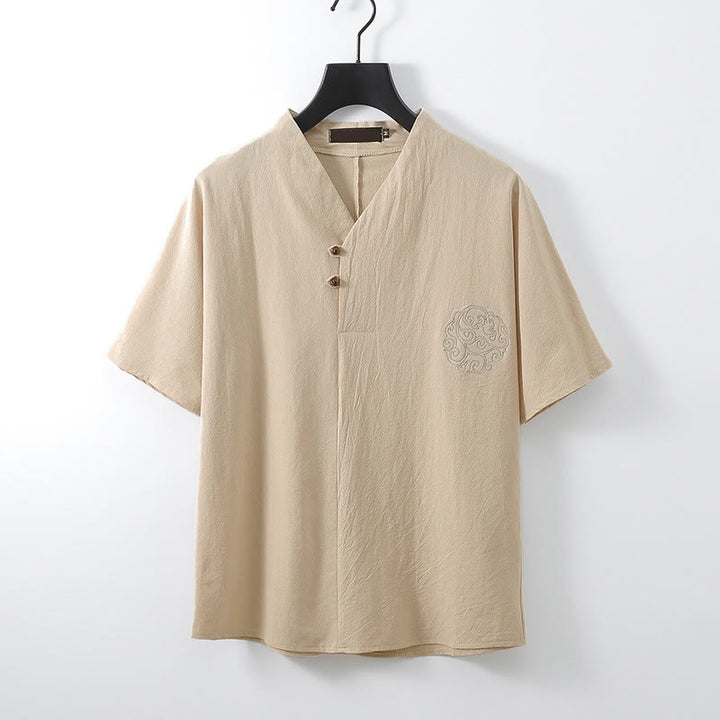 Buddha Stones Camicia da uomo estiva in cotone e lino con scollo a V, bottoni, maniche corte, ricamo nuvole - Biscotto - US/UK/AU56，EU66 (9XL) - image 0