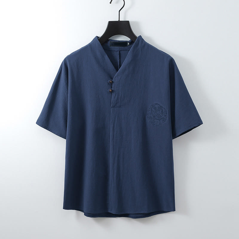 Buddha Stones Camicia da uomo estiva in cotone e lino con scollo a V, bottoni, maniche corte, ricamo nuvole - SteelBlue - US/UK/AU56，EU66 (9XL) - image 3