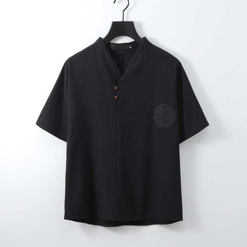 Buddha Stones Camicia da uomo estiva in cotone e lino con scollo a V, bottoni, maniche corte, ricamo nuvole - Nero - US/UK/AU56，EU66 (9XL) - image 2