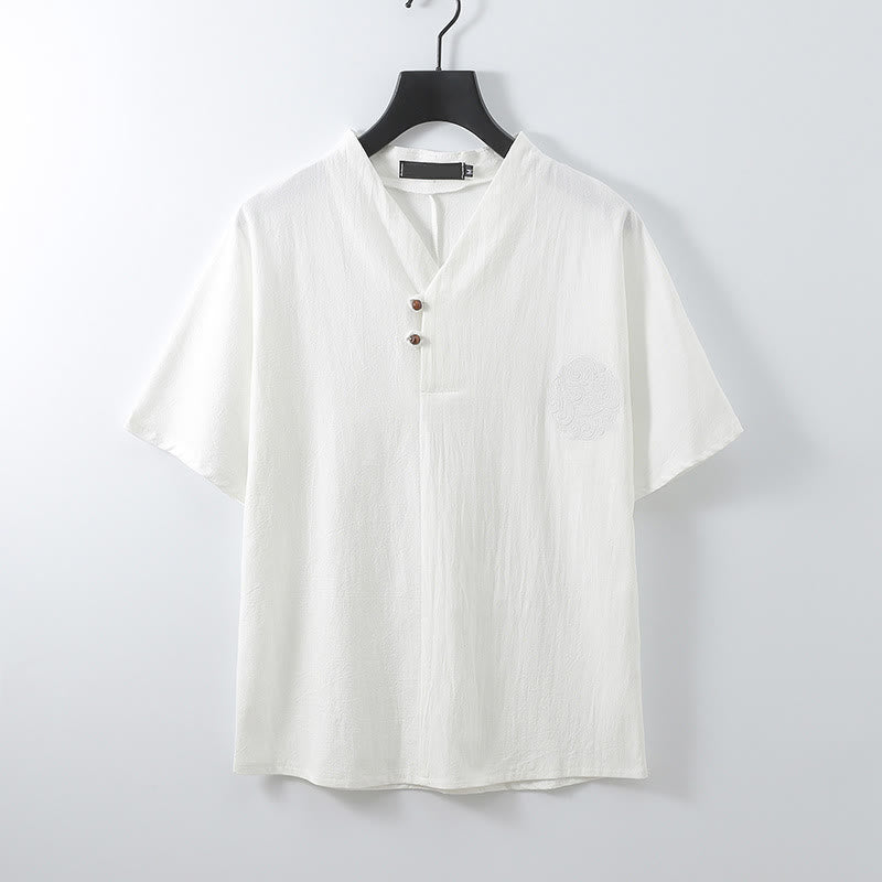 Buddha Stones Camicia da uomo estiva in cotone e lino con scollo a V, bottoni, maniche corte, ricamo nuvole - Bianco - US/UK/AU56，EU66 (9XL) - image 4
