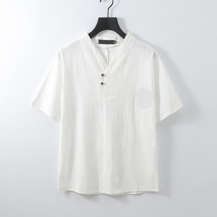 Buddha Stones Camicia da uomo estiva in cotone e lino con scollo a V, bottoni, maniche corte, ricamo nuvole - Bianco - US/UK/AU56，EU66 (9XL) - image 4