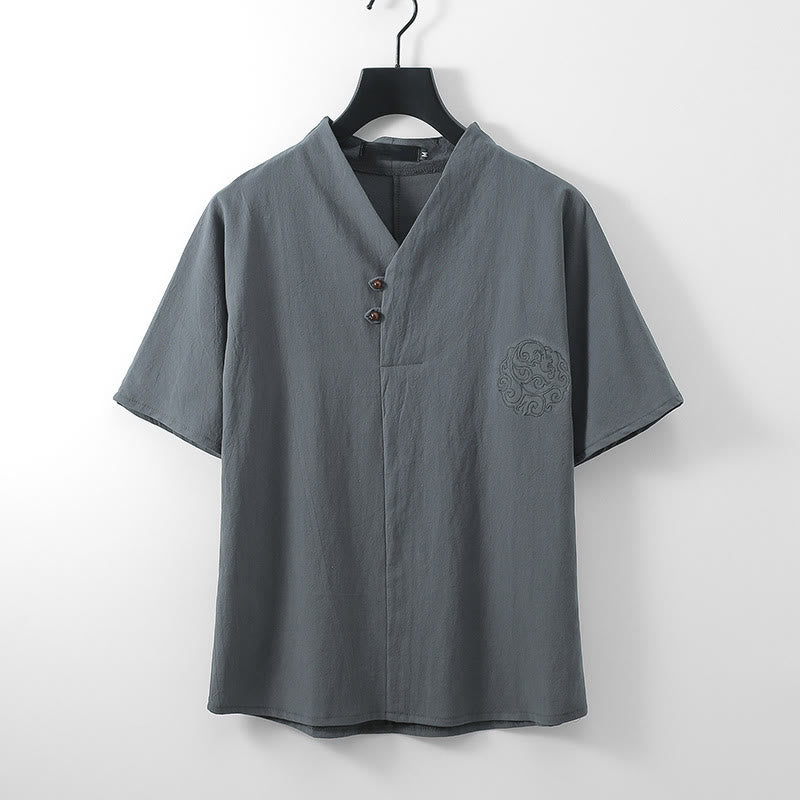 Buddha Stones Camicia da uomo estiva in cotone e lino con scollo a V, bottoni, maniche corte, ricamo nuvole - Grigio - US/UK/AU56，EU66 (9XL) - image 1