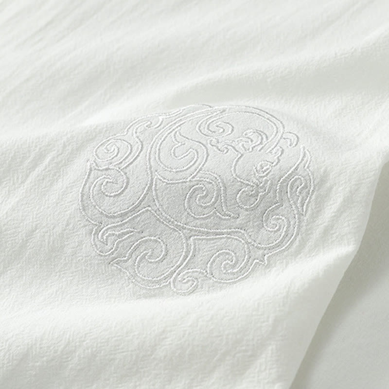 Buddha Stones Camicia da uomo estiva in cotone e lino con scollo a V, bottoni, maniche corte, ricamo nuvole - image 8