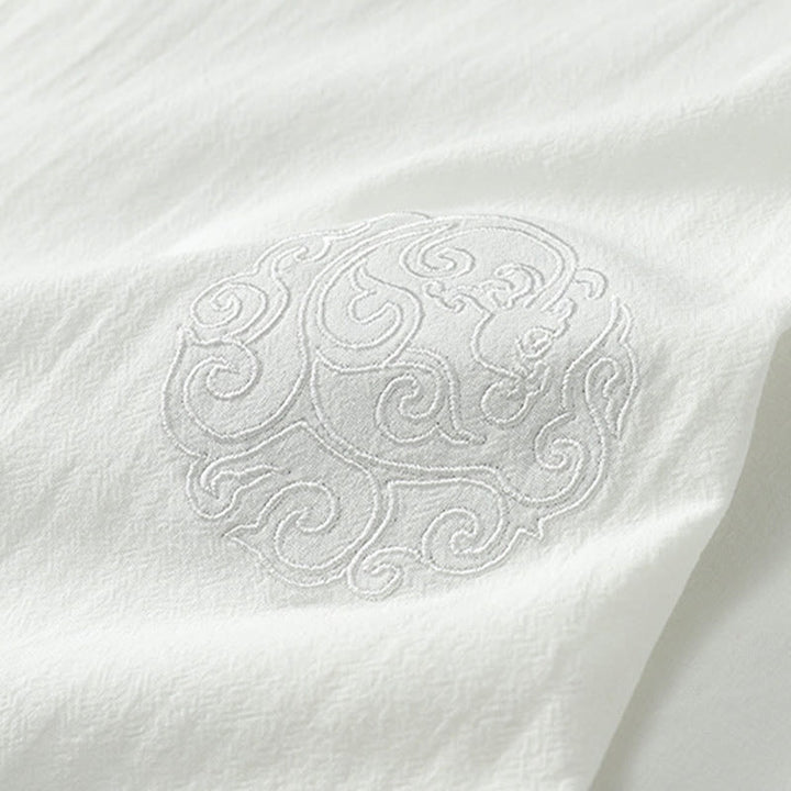 Buddha Stones Camicia da uomo estiva in cotone e lino con scollo a V, bottoni, maniche corte, ricamo nuvole - image 8