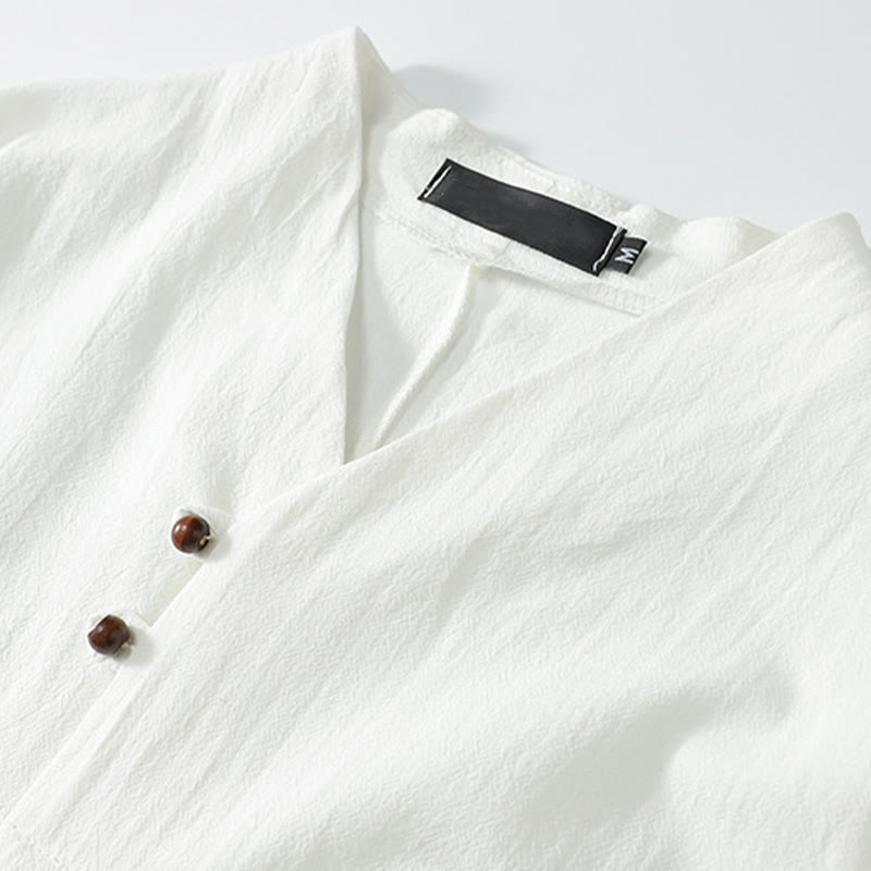 Buddha Stones Camicia da uomo estiva in cotone e lino con scollo a V, bottoni, maniche corte, ricamo nuvole - image 6