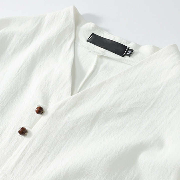 Buddha Stones Camicia da uomo estiva in cotone e lino con scollo a V, bottoni, maniche corte, ricamo nuvole - image 6