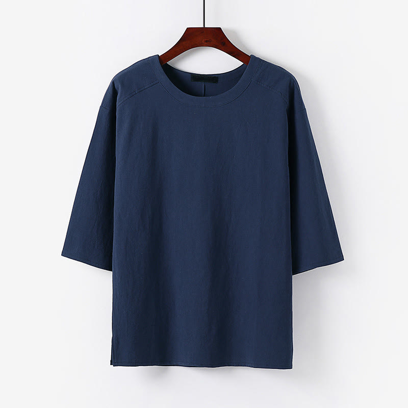 Buddha Stones Maglietta estiva casual da uomo in cotone e lino con maniche corte e scollo rotondo - SteelBlue - US/UK/AU54, EU64 (9XL) - image 8