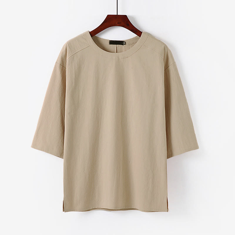 Buddha Stones Maglietta estiva casual da uomo in cotone e lino con maniche corte e scollo rotondo - Biscotto - US/UK/AU54, EU64 (9XL) - image 0