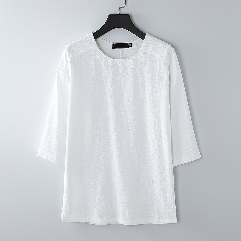 Buddha Stones Maglietta estiva casual da uomo in cotone e lino con maniche corte e scollo rotondo - Bianco - US/UK/AU54, EU64 (9XL) - image 9