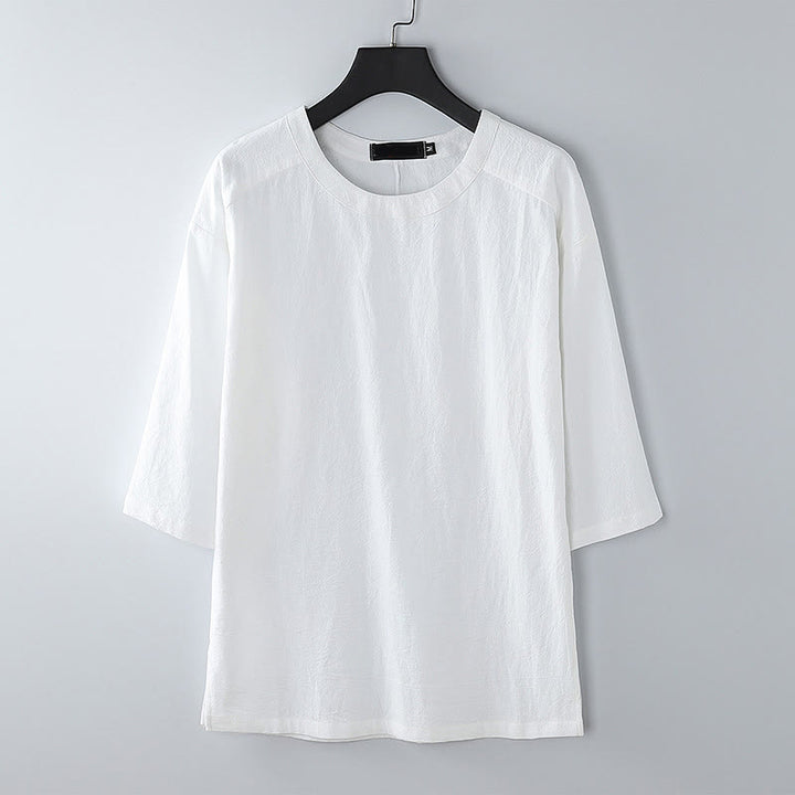 Buddha Stones Maglietta estiva casual da uomo in cotone e lino con maniche corte e scollo rotondo - Bianco - US/UK/AU54, EU64 (9XL) - image 9