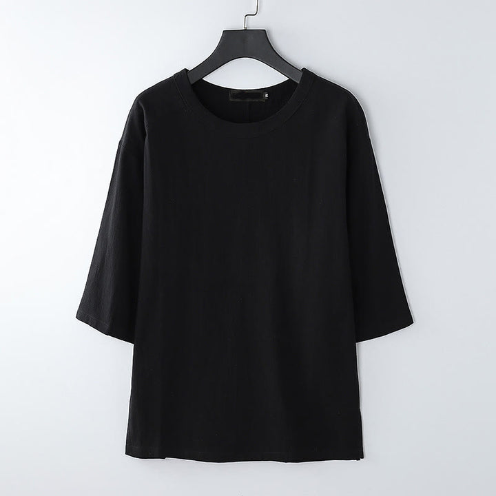 Buddha Stones Maglietta estiva casual da uomo in cotone e lino con maniche corte e scollo rotondo - Nero - US/UK/AU54, EU64 (9XL) - image 7