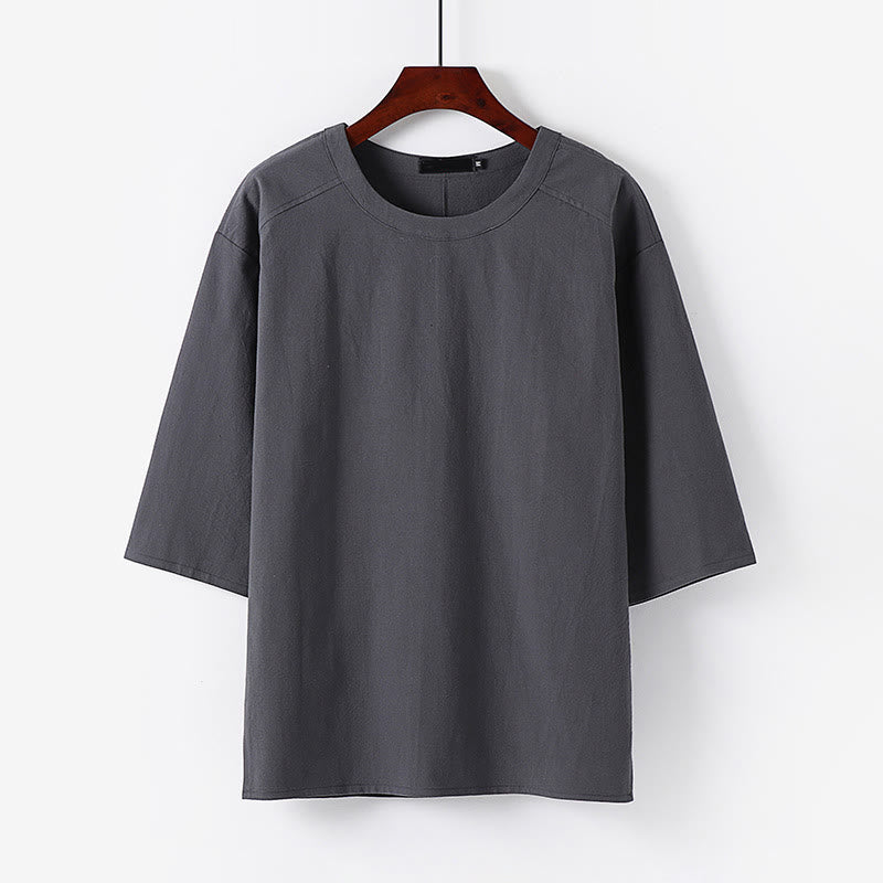 Buddha Stones Maglietta estiva casual da uomo in cotone e lino con maniche corte e scollo rotondo - Grigio - US/UK/AU54, EU64 (9XL) - image 6