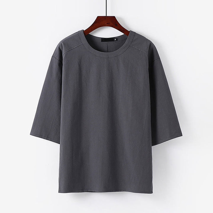 Buddha Stones Maglietta estiva casual da uomo in cotone e lino con maniche corte e scollo rotondo - Grigio - US/UK/AU54, EU64 (9XL) - image 6