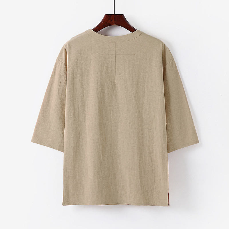 Buddha Stones Maglietta estiva casual da uomo in cotone e lino con maniche corte e scollo rotondo - image 1