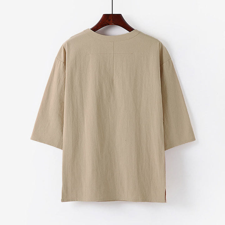 Buddha Stones Maglietta estiva casual da uomo in cotone e lino con maniche corte e scollo rotondo - image 1