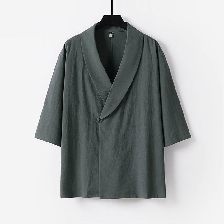 Buddha Stones Camicia estiva da uomo in cotone e lino con scollo a V e risvolto, manica corta - Grigio - US/UK/AU54, EU64 (9XL) - image 0